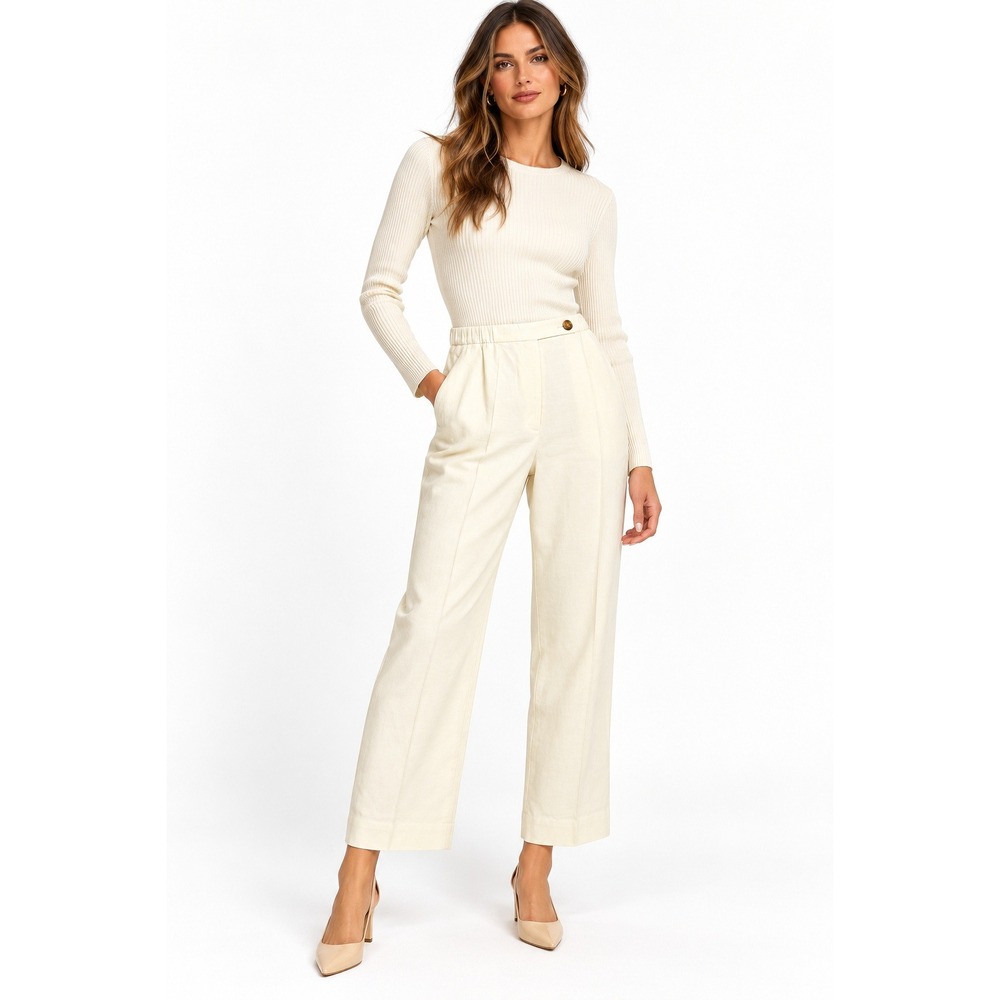 HM Cream Linen Blend High Waisted Straight Leg Cropped Trousers Size 4 NWT